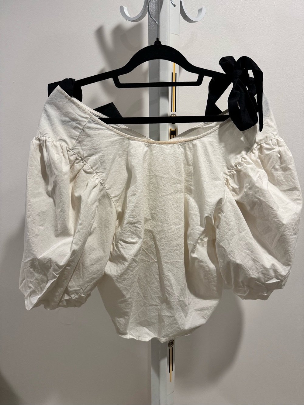 Women’s Off-Shoulder Puff Sleeve Top with Black Tie Straps